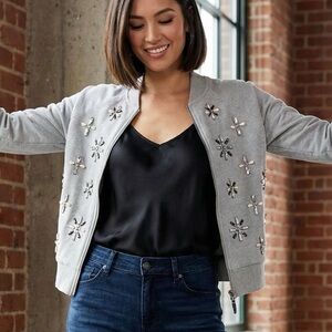 Banana Republic Embellished Bomber Sweatshirt Jacket. Size Small. Grey